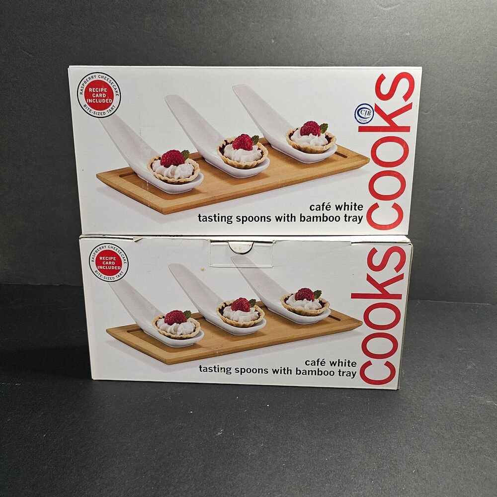 NIB Cooks Brand Set Tasting Spoons w Bamboo Tray - 2 Sets, 6 Tasting Spoons